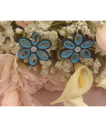 Paper Quilled Blue and Black Handcrafted Flower Earrings French Hook - $14.99
