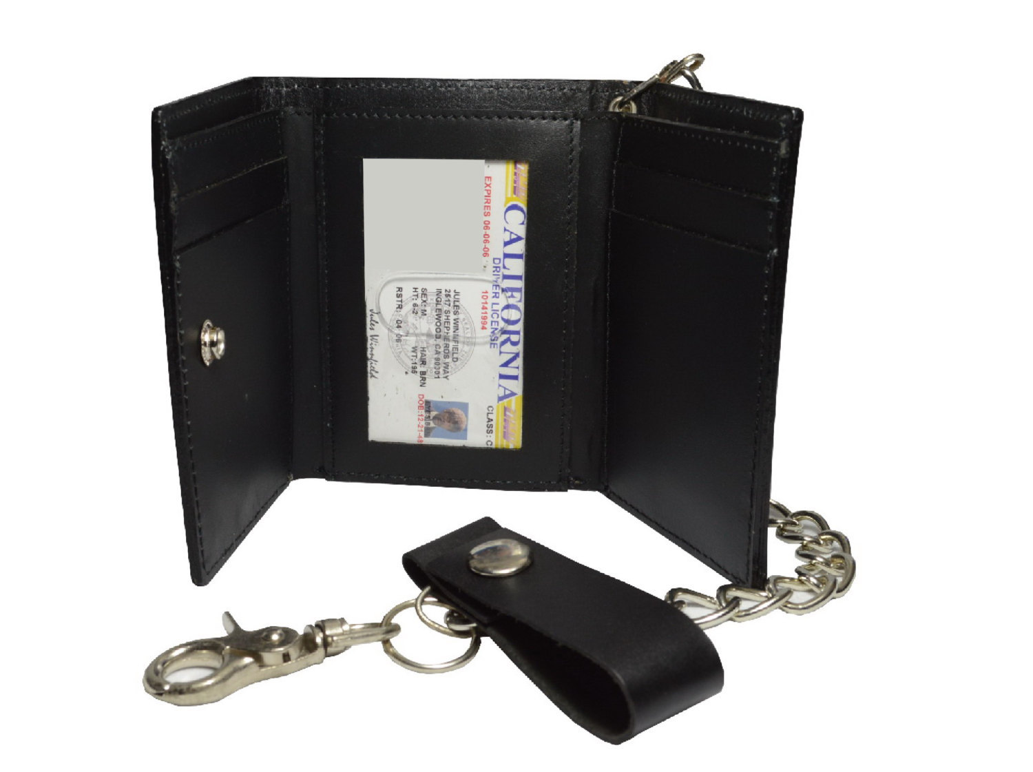 BMF Embossed Leather Tri-Fold Wallet with chain Black Leather Biker Wallet - Wallets
