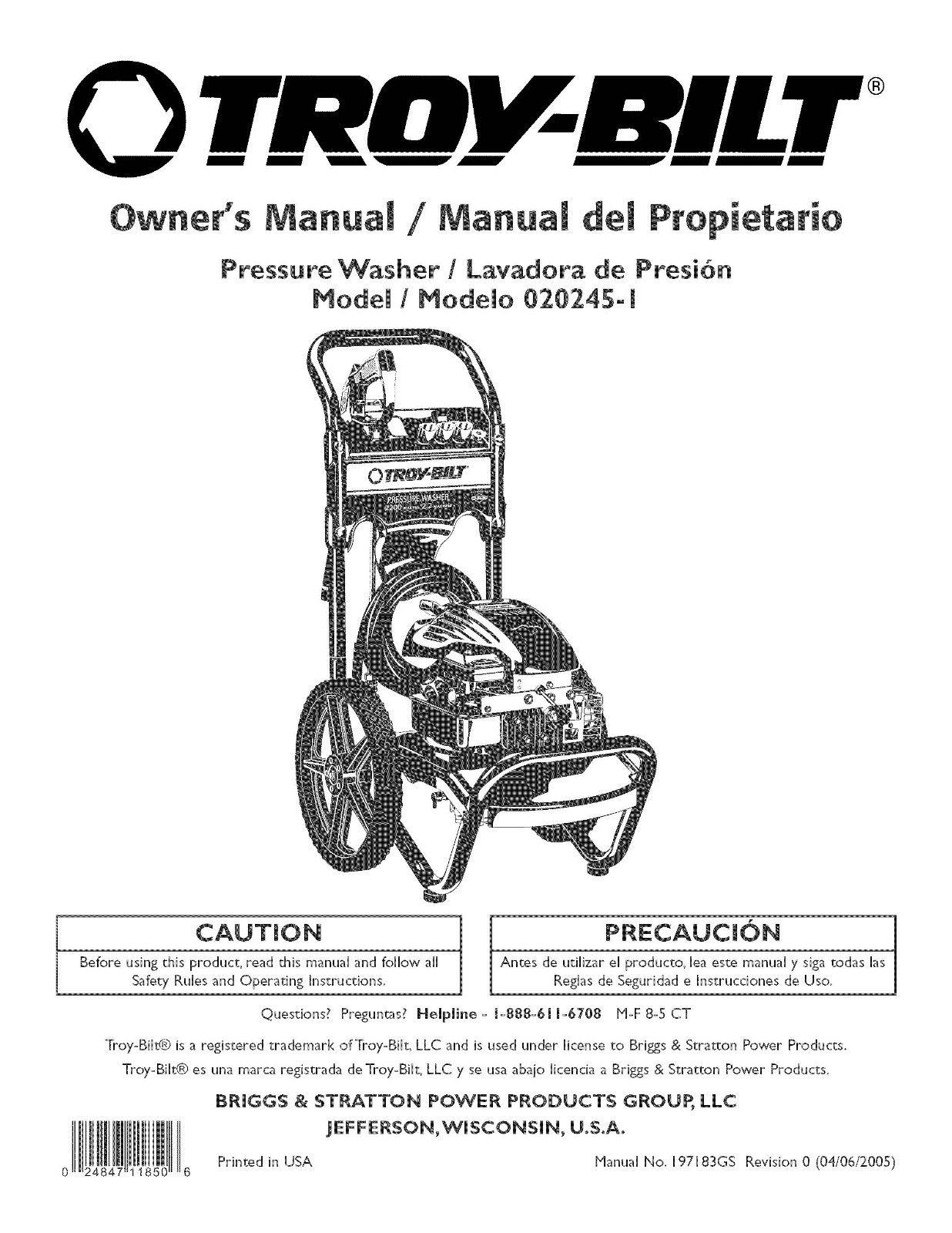 TroyBilt Pressure Washer 2200 psi Model 0202451 Other