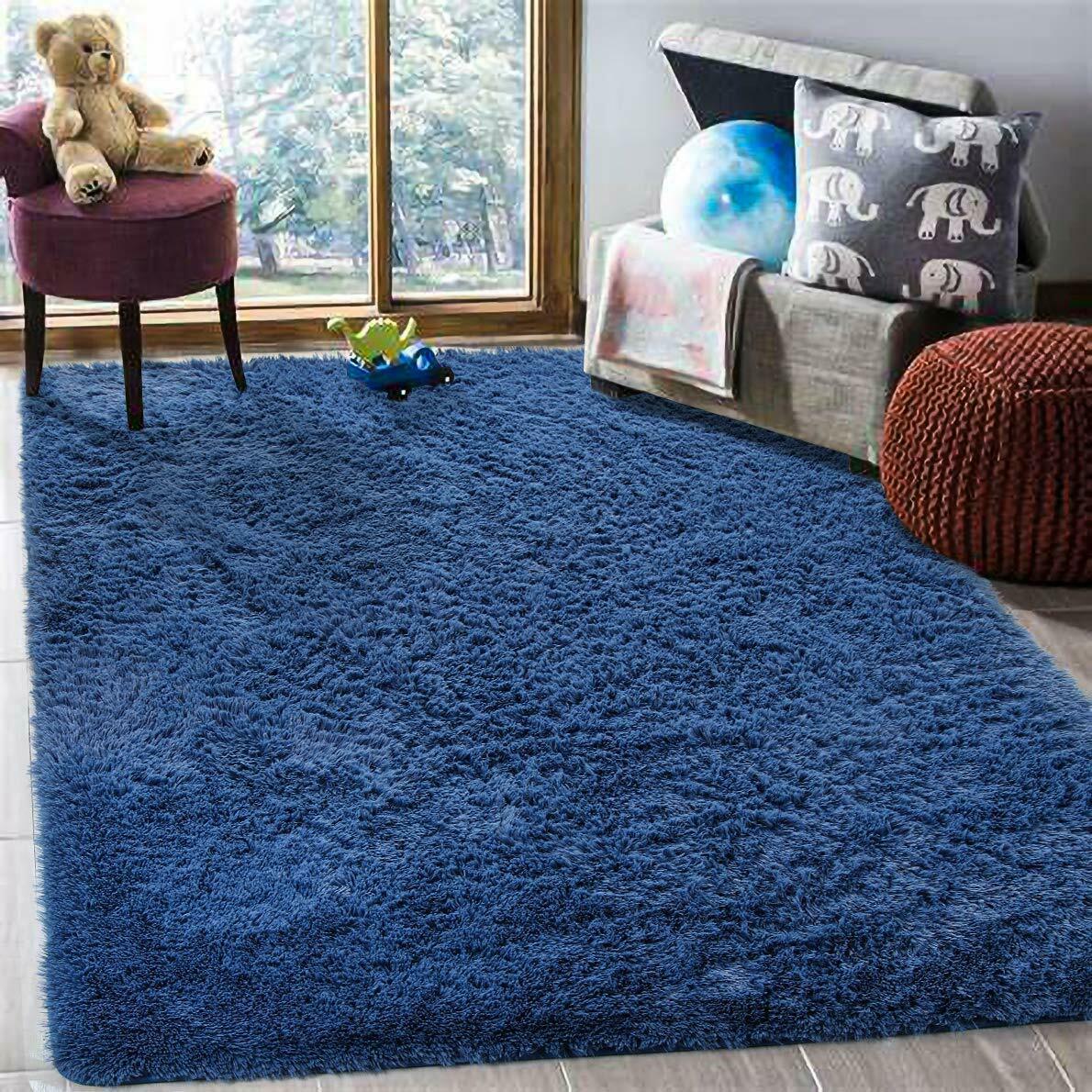 Nice Navy Blue Faux Fur Rug Area Shaggy 5.3 x 7.5 Home Decor Carpet