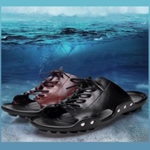 Roman Genuine Soft Leather Open Toe Mens Casual Lace Up Comfortable Beach Shoes