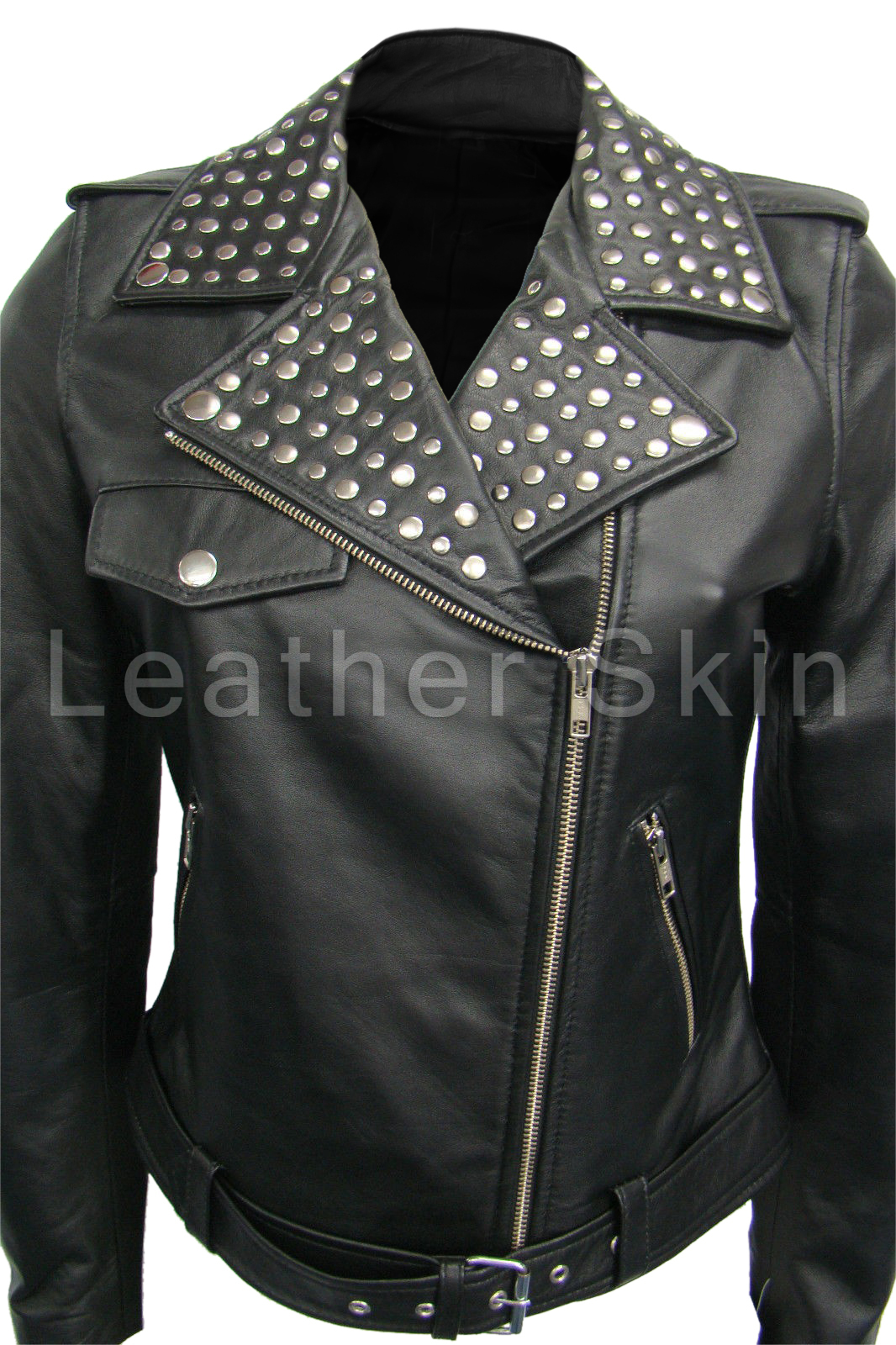 Leather Skin Women Brando Black Collar Studded Genuine Leather Jacket