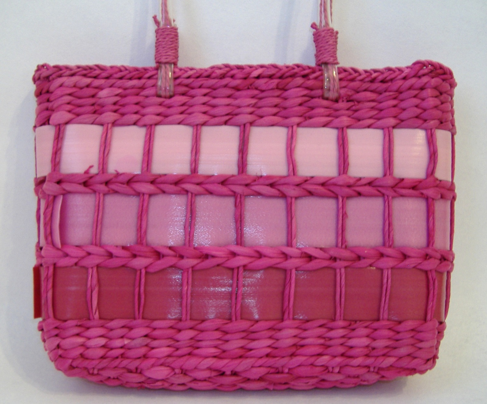 Pink Straw Purse Ribbon Trim Tote Handbag Double Handles Fabric Lined Beach Bag Handbags & Purses