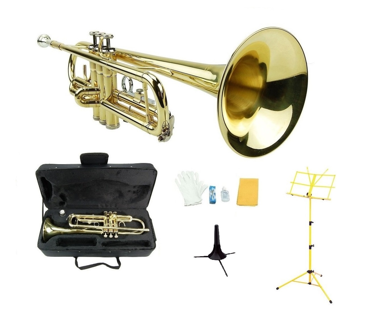 GOLD TRUMPET W/ CASE+MOUTH PIECE+OIL+YELLOW MUSIC STAND+TRUMPET STAND