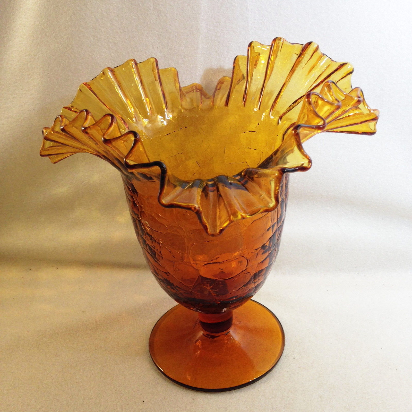 Primary image for Blenko #388 Crackled Amber Ruffled Wide Rim Vase Pedestal Base 8"x 8" 1950