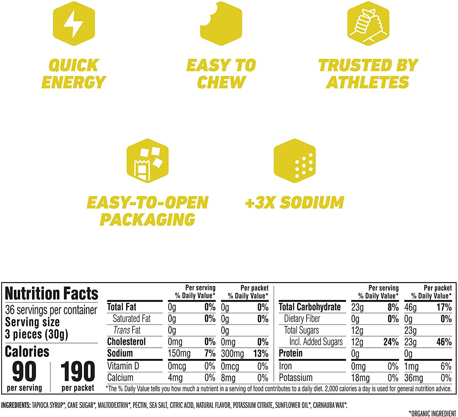 Clif BLOKS Energy Chews, 3X Sodium, Organic Margarita Flavor, 18 Packets Vitamins