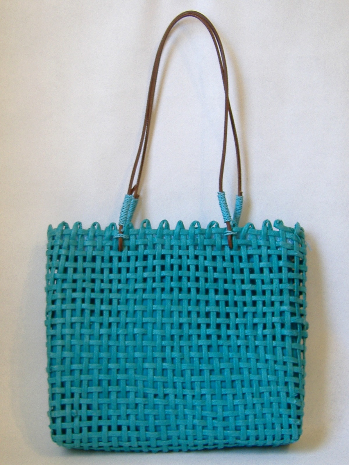 Turquoise Paper Straw Purse Tote Handbag Leather Handles Blue Fabric