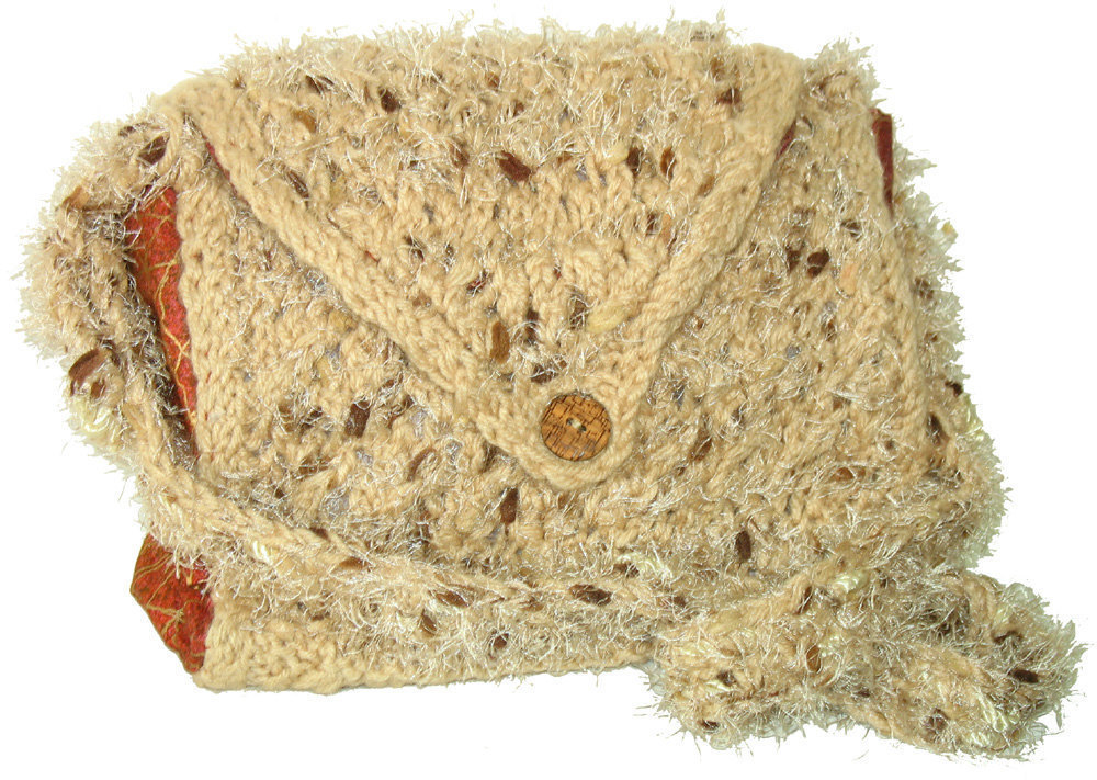 Primary image for Tan hand knit handbag with inner pockets and strap