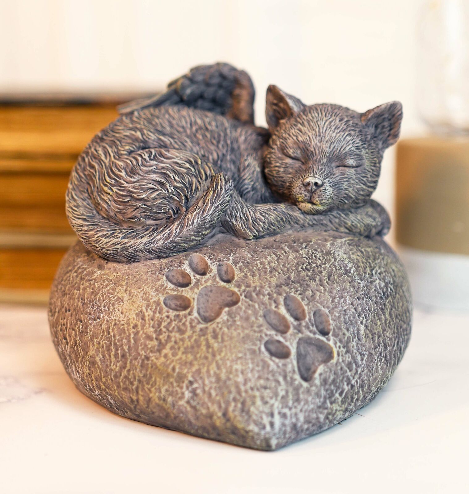 Pet Memorial Sleeping Angel Cat With Paw Prints Heart Shaped Rock Urn Statue