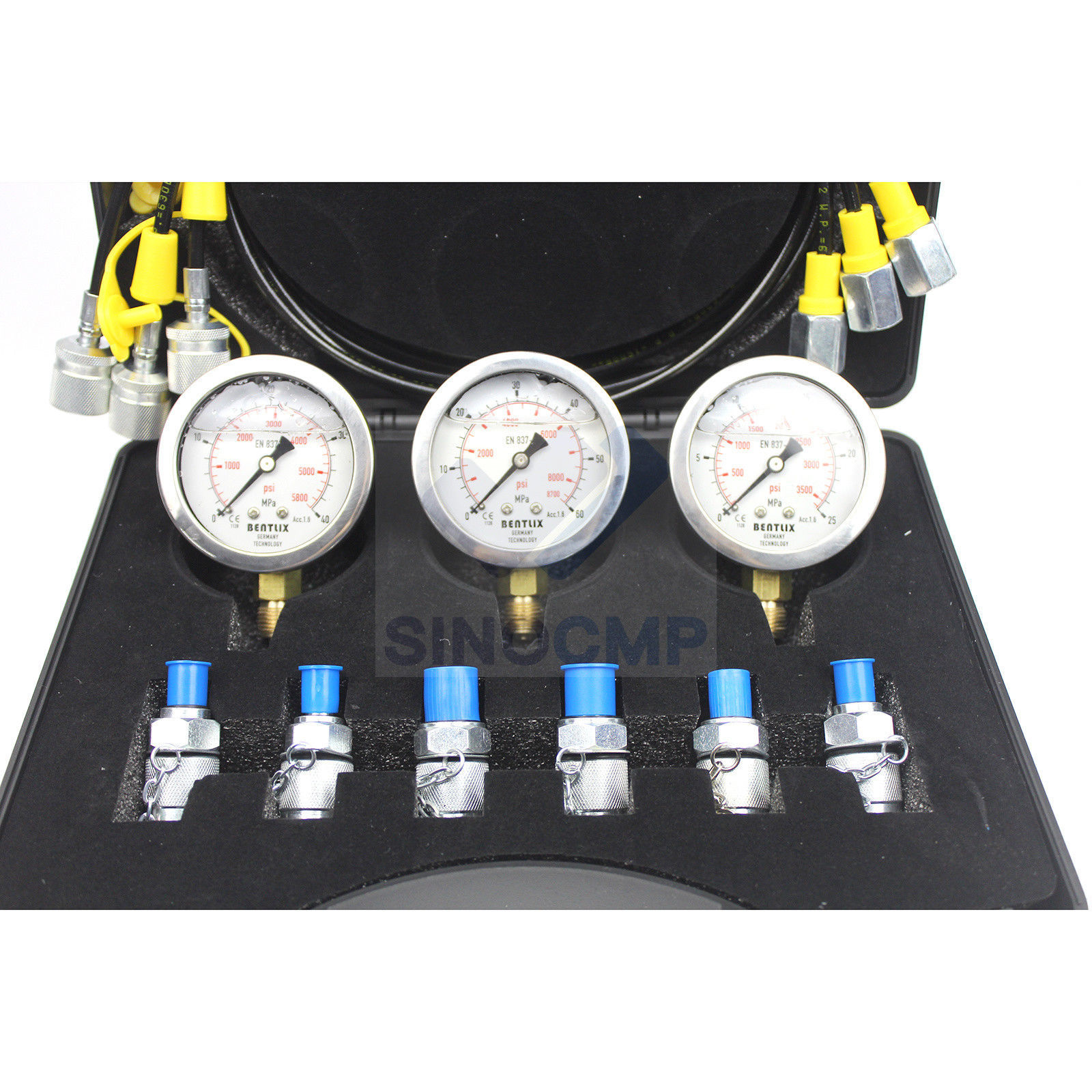 SINOCMP Hydraulic Pressure Gauge Test Kit - 4 Gauges, 4 Hoses, 10 Couplings, 3 Tees For Excavators & Machinery (Gold Case)