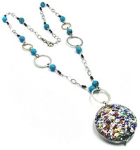 925 STERLING SILVER LONG 25" NECKLACE BIG MURANO GLASS DISC TURQUOISE LAPIS image 1