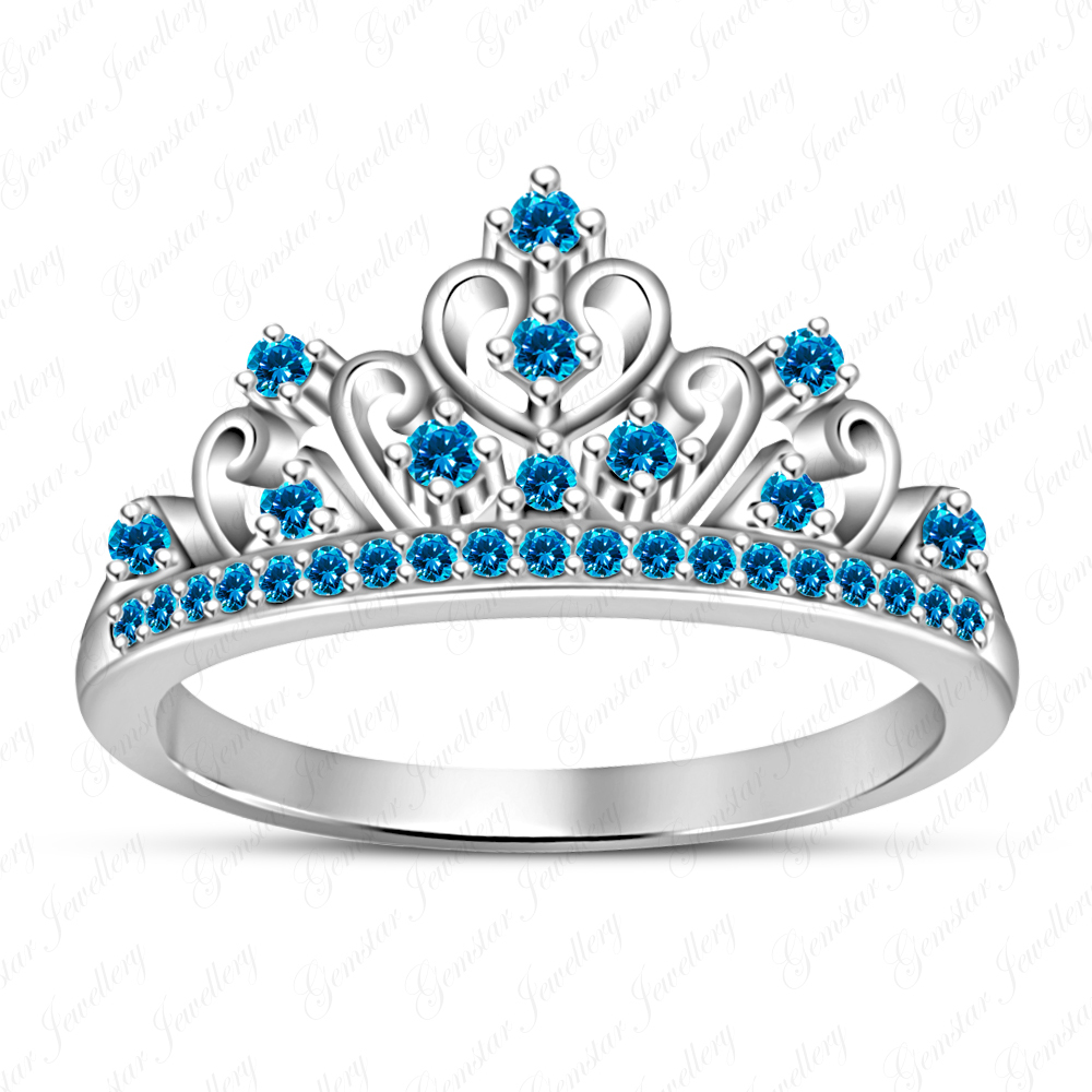 Blue Topaz Jasmine Disney Princess Crown Ring In 925 Silver 14k White