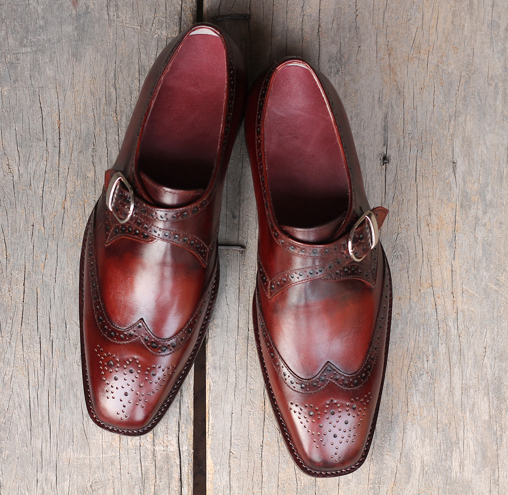 Handmade Men Burgundy WingTip Brogue Leather Monk Strap Shoes, Men Designer Shoe