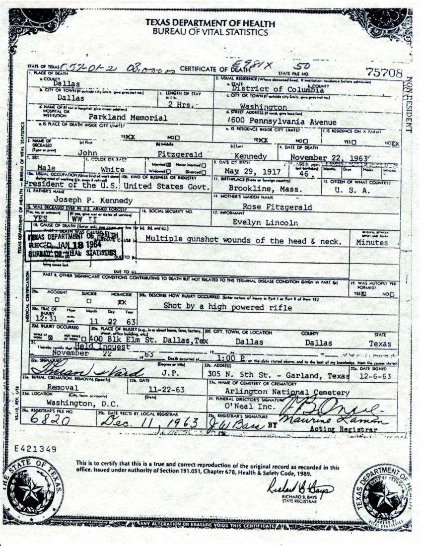 JFK Death Certificate Reproduction - Political