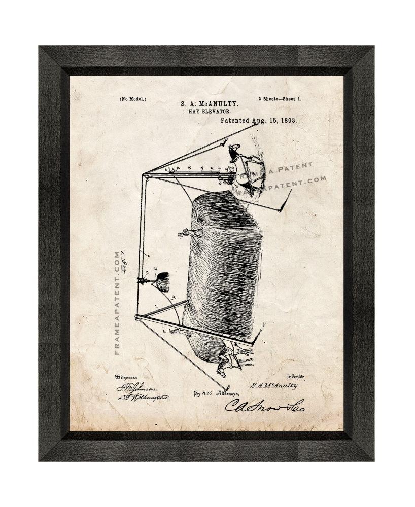 Hay Elevator Patent Print Old Look with Beveled Wood Frame