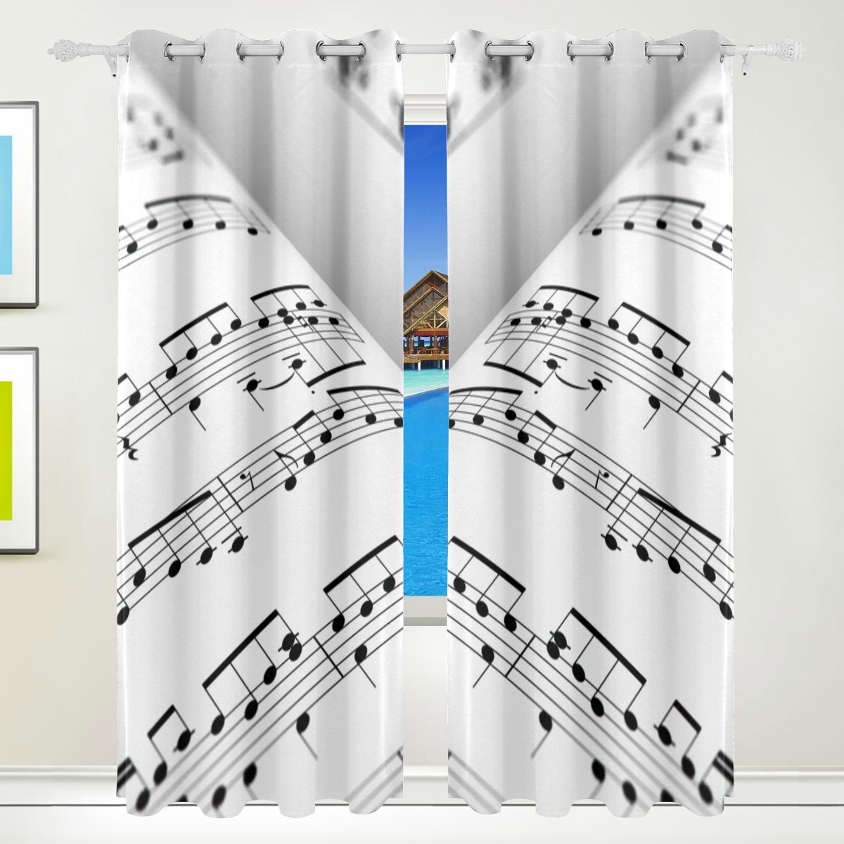 Bedroom Curtains 84 Abstract Piano Music Note Black Print 2 Panel