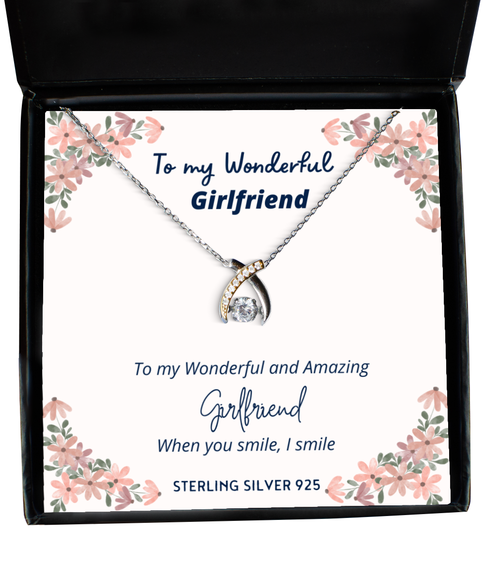 To my Girlfriend, when you smile, I smile - Wishbone Dancing Necklace. Model