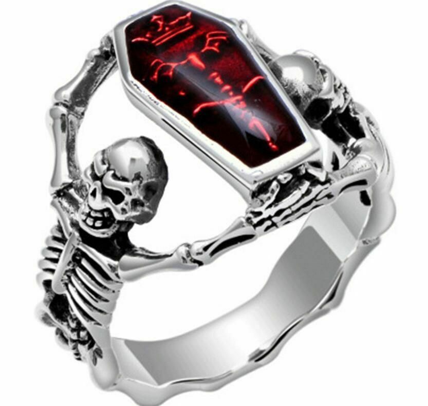 Vintage Punk Skull Ring Men Hip Hop Engagement Fashion Red Zircon Vampire Silver