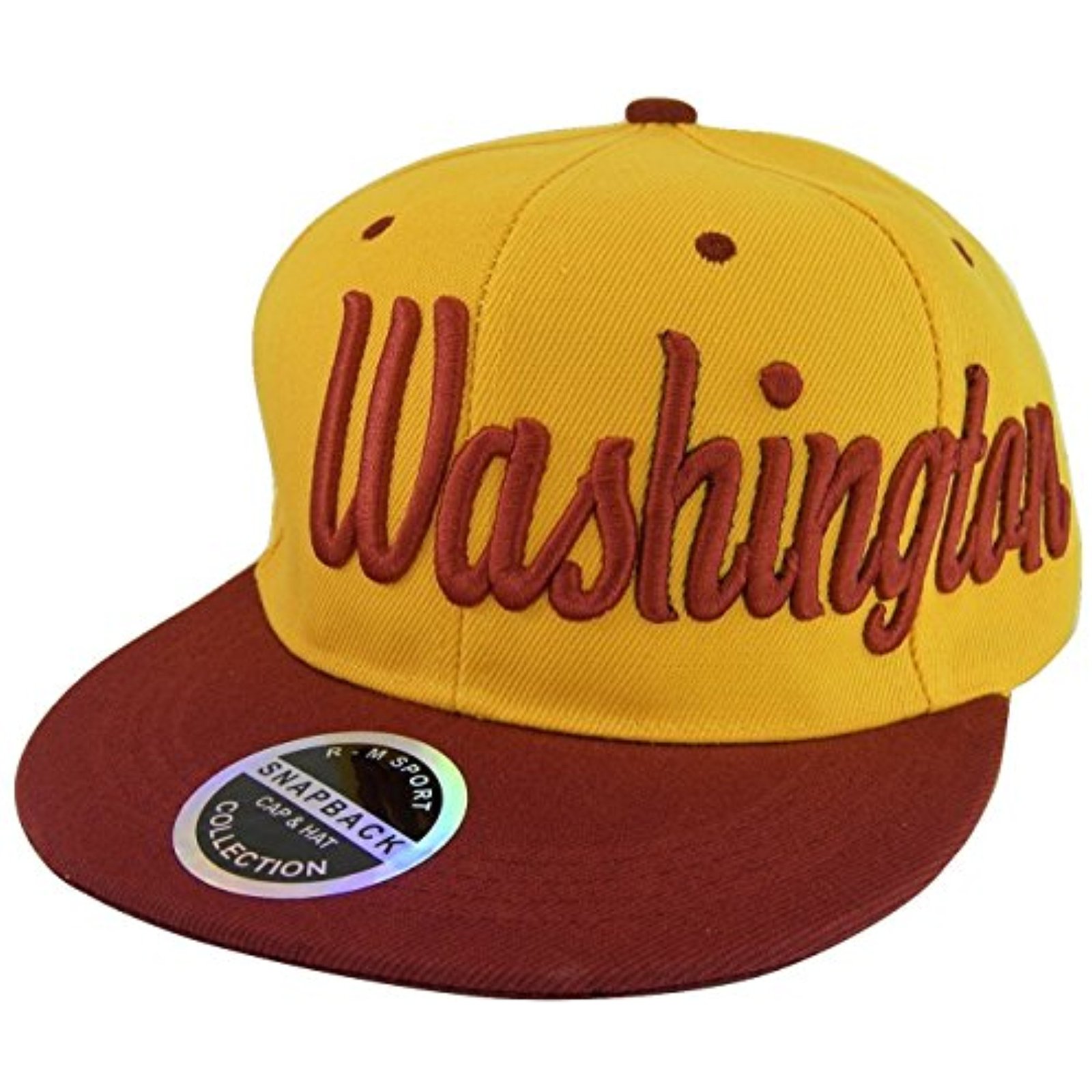 Washington Men's Offset Cursive Script Snapback Baseball Cap (Gold/Burgundy)