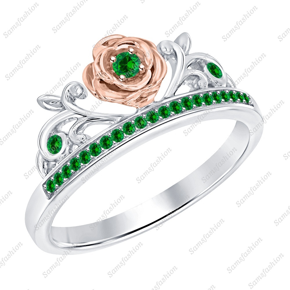Round Green Emerald 14k Two Tone Gold Over 925 Silver Rose Flower Promise Ring