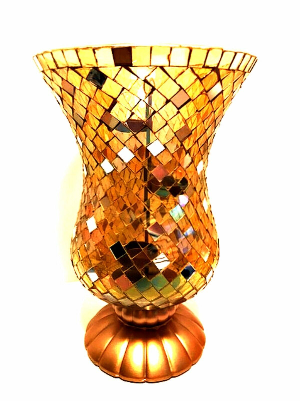 PartyLite Candle Holder Gold Global Fusion Mosaic Hurricane Stained Glass Vase Candle Holders