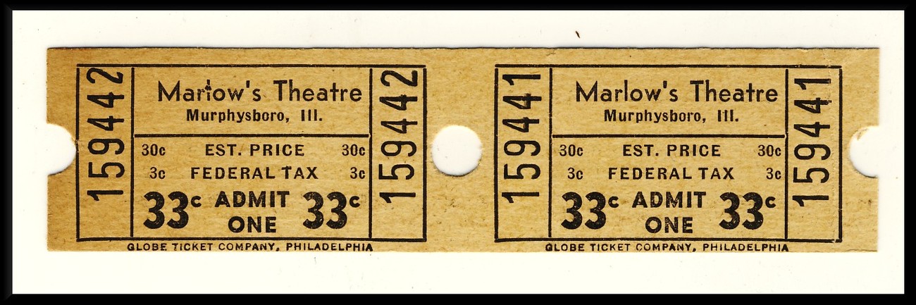 2-.33 Cent Marlow's Theatre Tickets, Murphysboro, Illinois/IL, 1950's ...