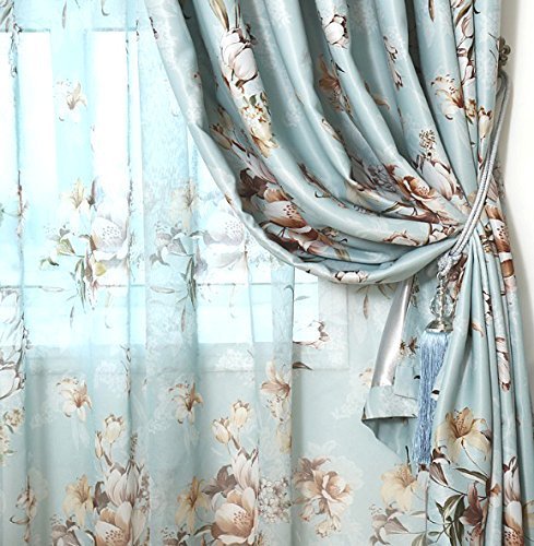 ElleWeiDeco Blue with Brown Flower Linen Sheer Window Curtain/drape/panel (63...