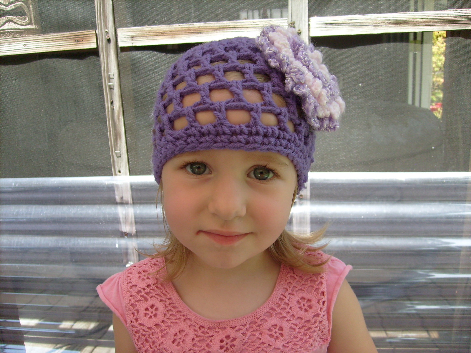 Crochet Purple Hat With Clip-on Crochet Purple & Pink Flower - Scarves 