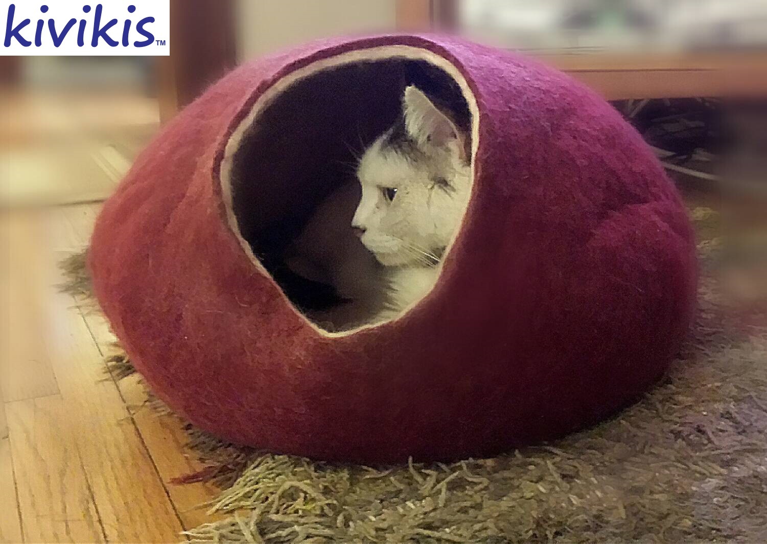 Cat bed cave, from natural felted wool. kivikis Color burgundy dark