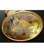Horses in a Forest Scene Belt Buckle Gold and Silver Color Metal Rope Border - $7.99