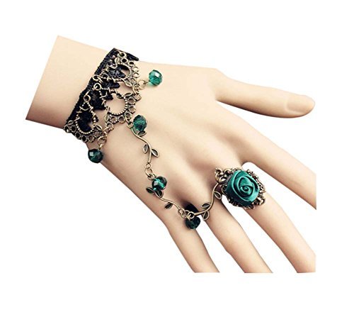 Retro Green Rose Bridal Wrist Flower Lace Bracelets with Ring for Party, 2Pcs
