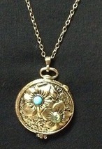 Womens Chain Necklace Flower Green Rhinestone Locket Copper NEW 28&quot; - $11.99
