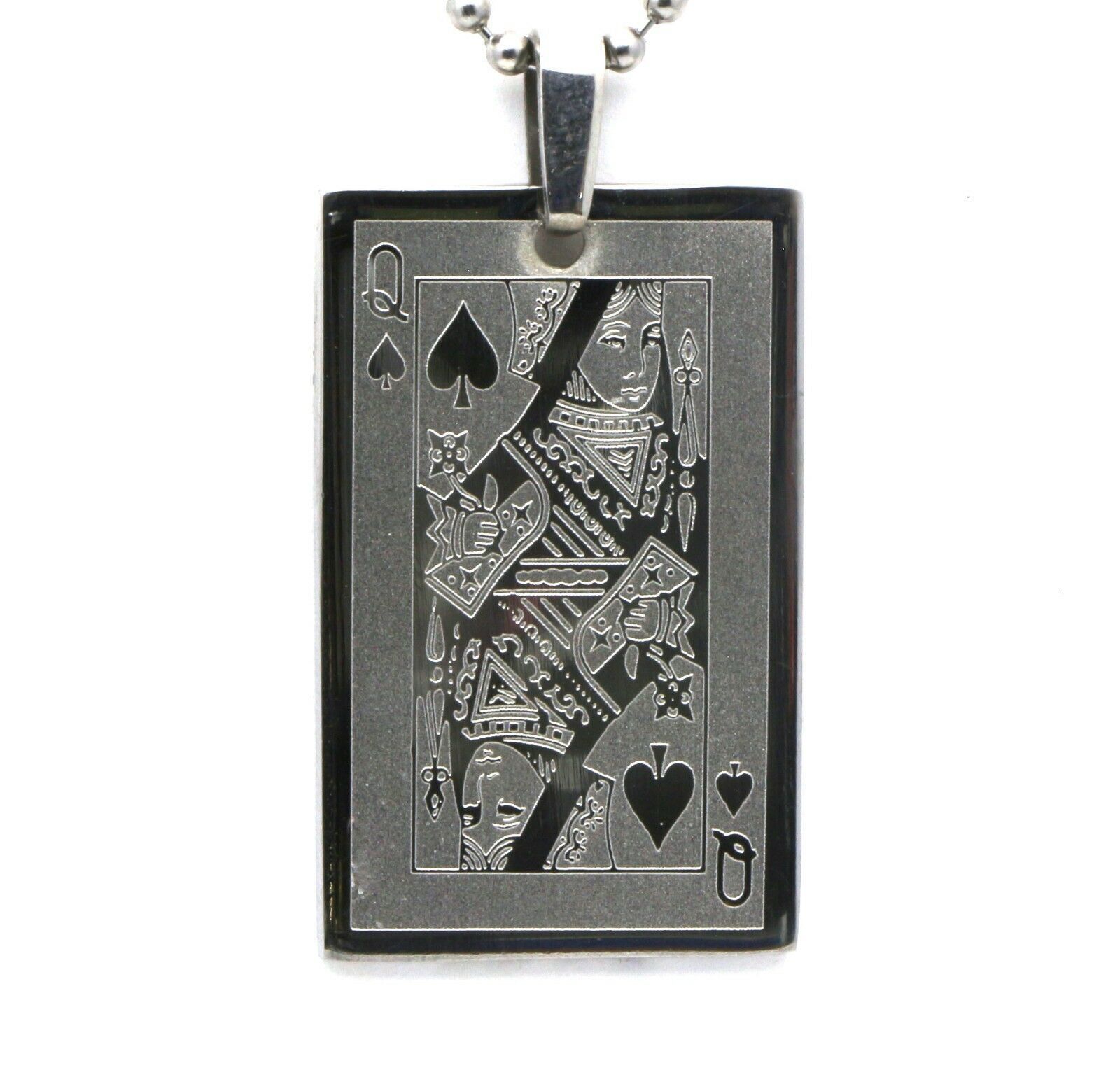 Queen of Spades Card Design Metal Beaded Necklace 4 x 2.5 cm Pendant