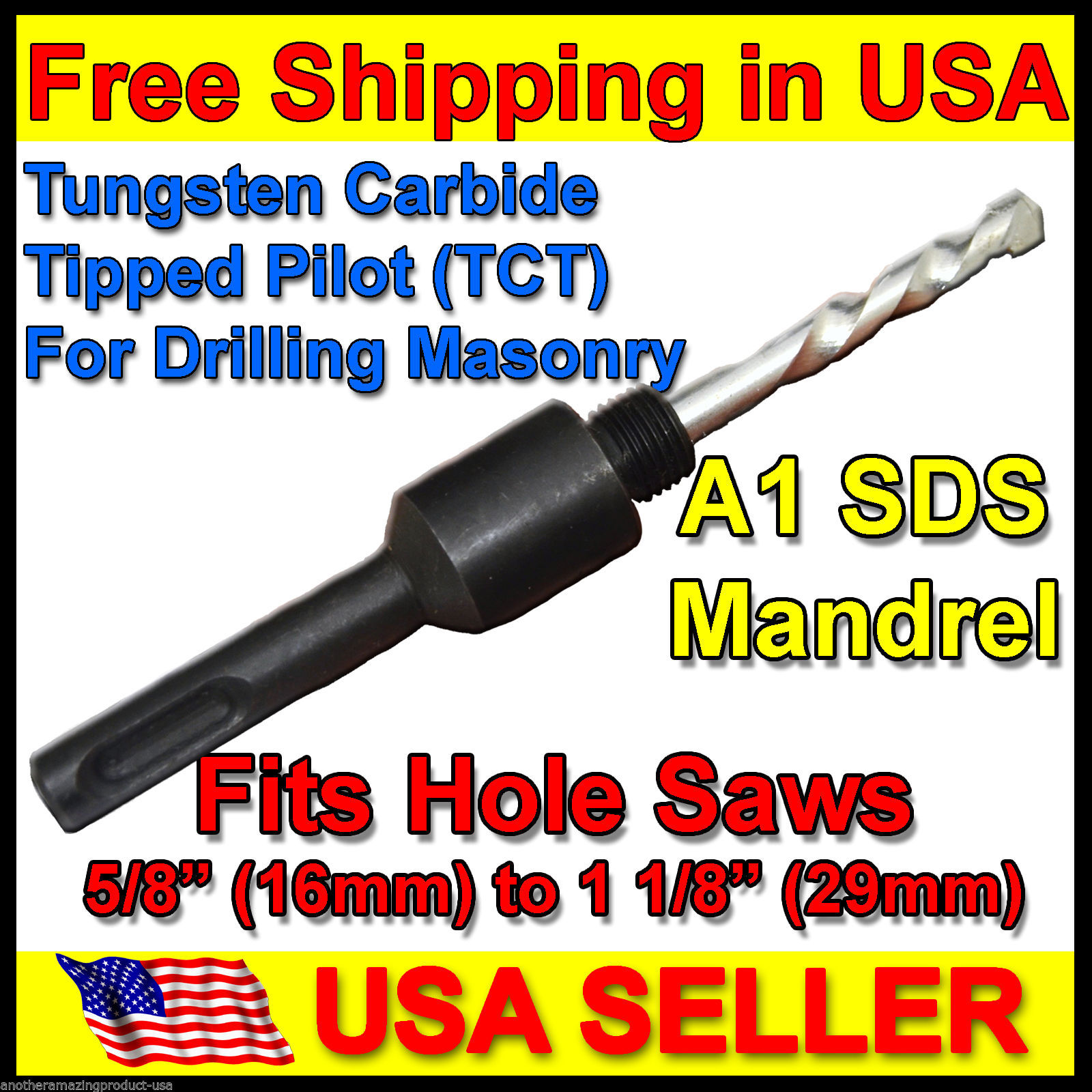 Hole Saw Arbor for 1 1/8" to 6" in Holesaws Free Hex Key TCT Pilot 7/16" Hex End 