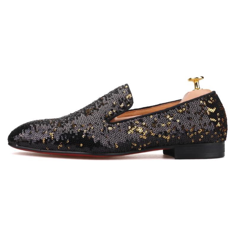 Handmade FERUCCI Men Black Gold Sequins Slippers loafers Flat - Men