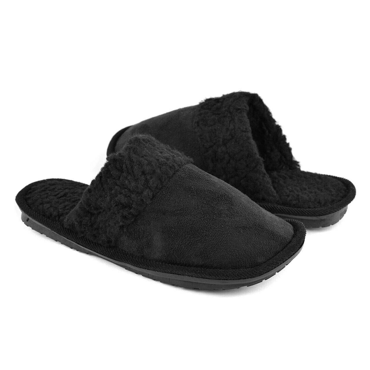 Men's Slippers Size MEDIUM 9-10 Black W Black Sherpa Lining Memory Foam NEW