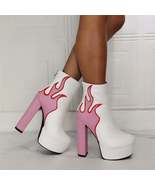 Pink Flame White Platform Retro Ankle Boots | Glam rock 70s white platform boots - $84.00