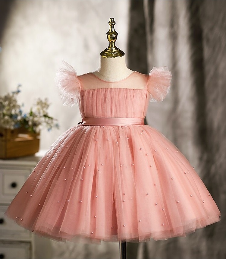 New peachy pink pearl embellished tulle elegant princess dress baby girl toddler