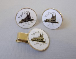 Steamboat Cuff Links Tie Tack Clasp Set Vintage Hickok River Enamel Gold... - $30.00