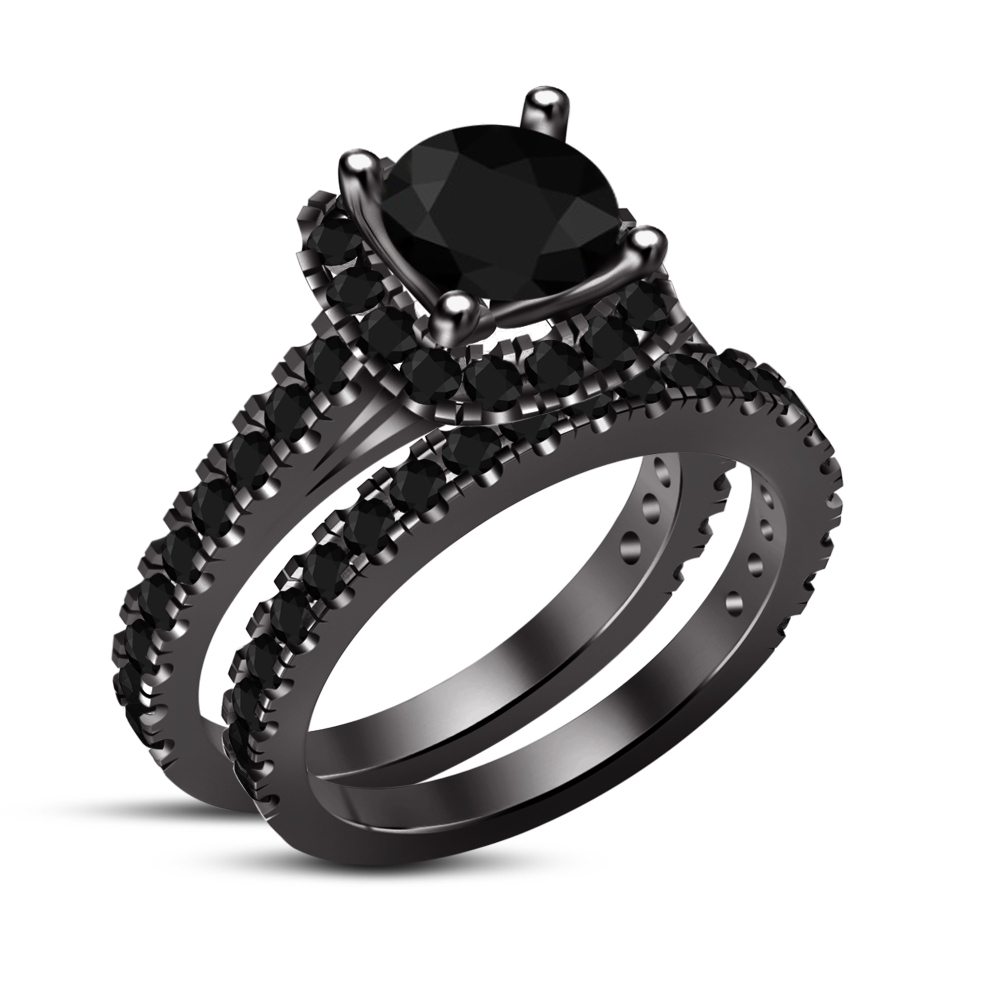 14k Black Platinum Fn Black Cubic Zirconia 925 Silver Engagement Bridal