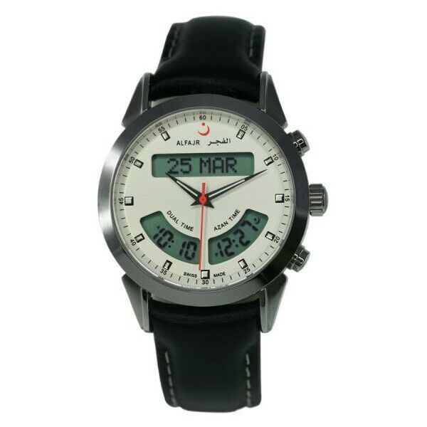 Alfajr Deluxe Silver Wrist Watch with Genuine Black Leather Strap ...