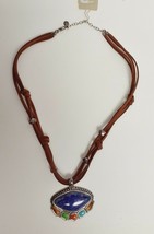 BARSE Necklace Pendant Beads Lapis Multi Stone Silvertone Leather Chain Nwt - $149.95