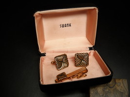 Swank Cuff Links and Tie Bar Golden and Black Metal Knot Look Presentati... - $19.99