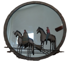 Vintage Industrial Native American Mirror ManWom Travel Horses 28&quot;Dia Re... - $297.00