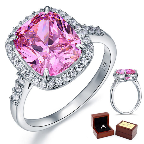 925 Sterling Silver 6 Carat Pink Lab Diamond Halo Ring for Wedding Anniversary