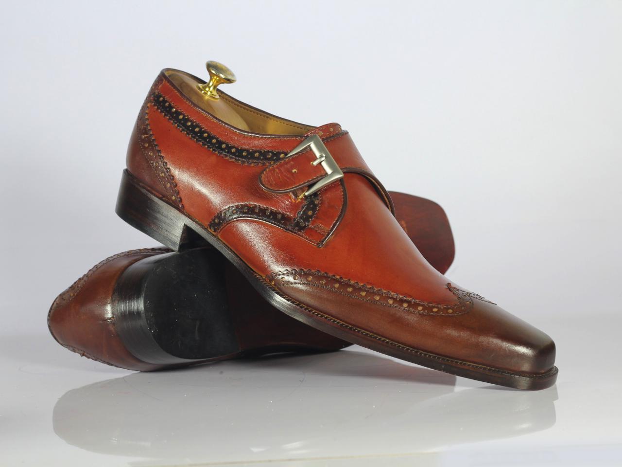 Handmade Men's Brown Leather Shoes, Men Monk Strap Wing Tip Dress Formal Shoes