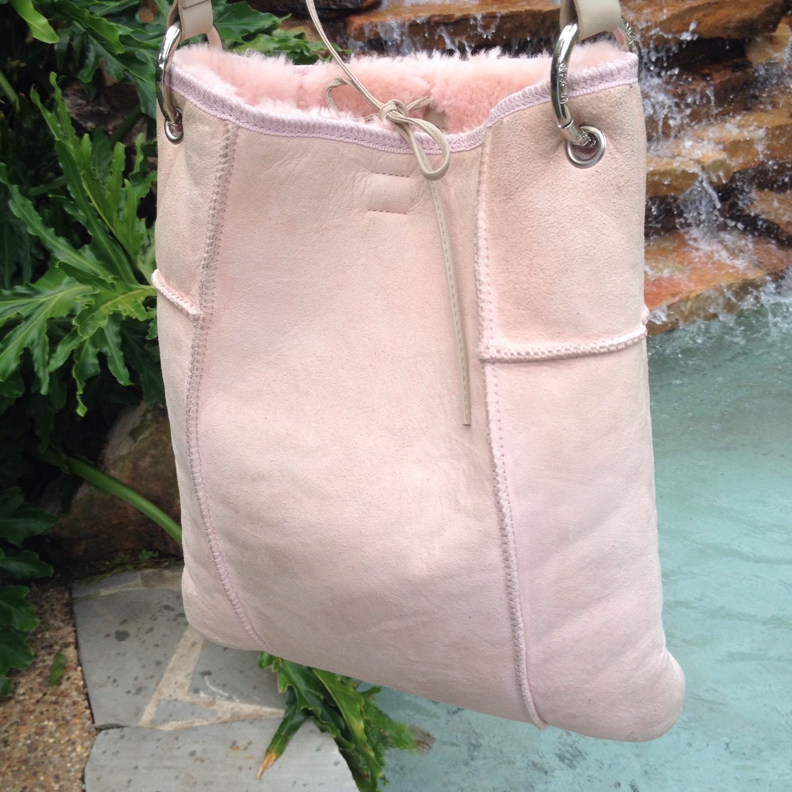 Authentic UGG Patch Rail Messenger Pink Suede Leather Handbag Sheepskin