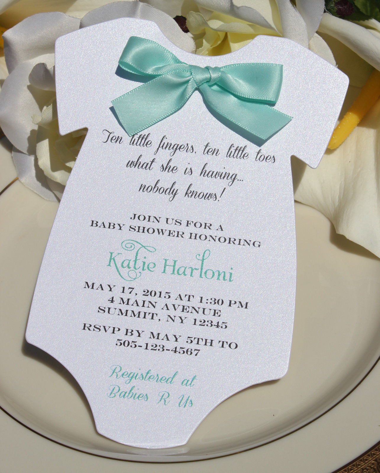 Baby Shower Invitation For Boy Or Girl In Shape Of Onesie With Aqua 