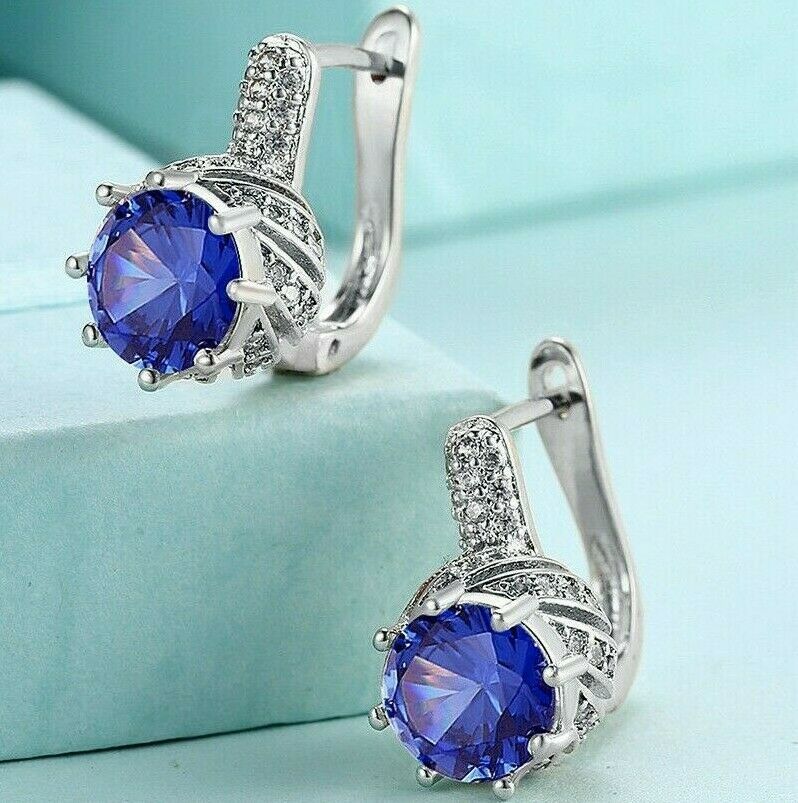 18K White Gold Plated 1.0 Ct Blue Sapphire Pave Halo Leverback Earring ITALY