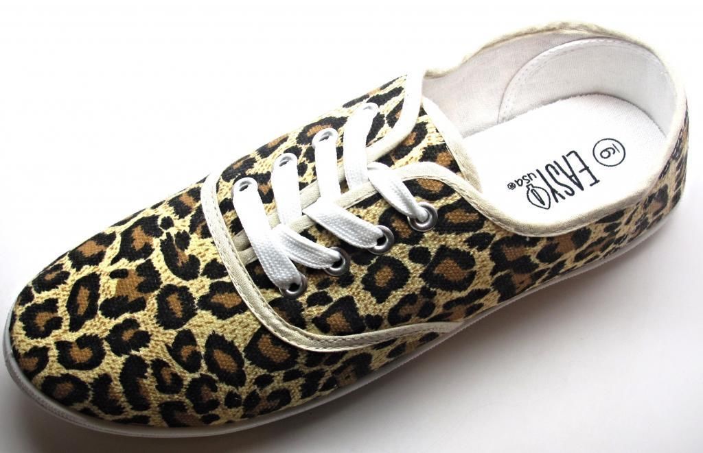 Womens Leopard Animal Print Tan Canvas Lace Up Sneakers
